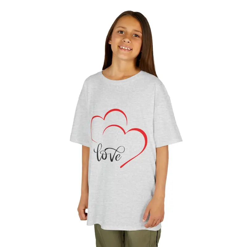 White t-shirt with red heart outlines and ’love’ text design.