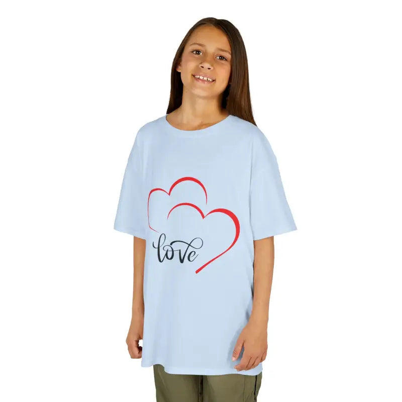 Light blue t-shirt with red heart outlines and ’love’ text design.
