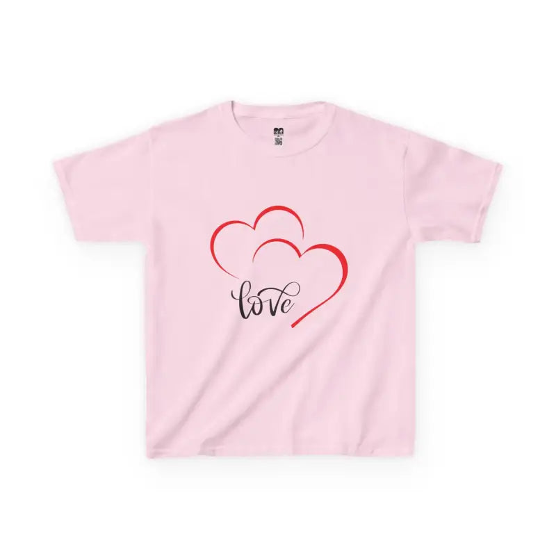Pink t-shirt with red heart outlines and ’love’ text design.