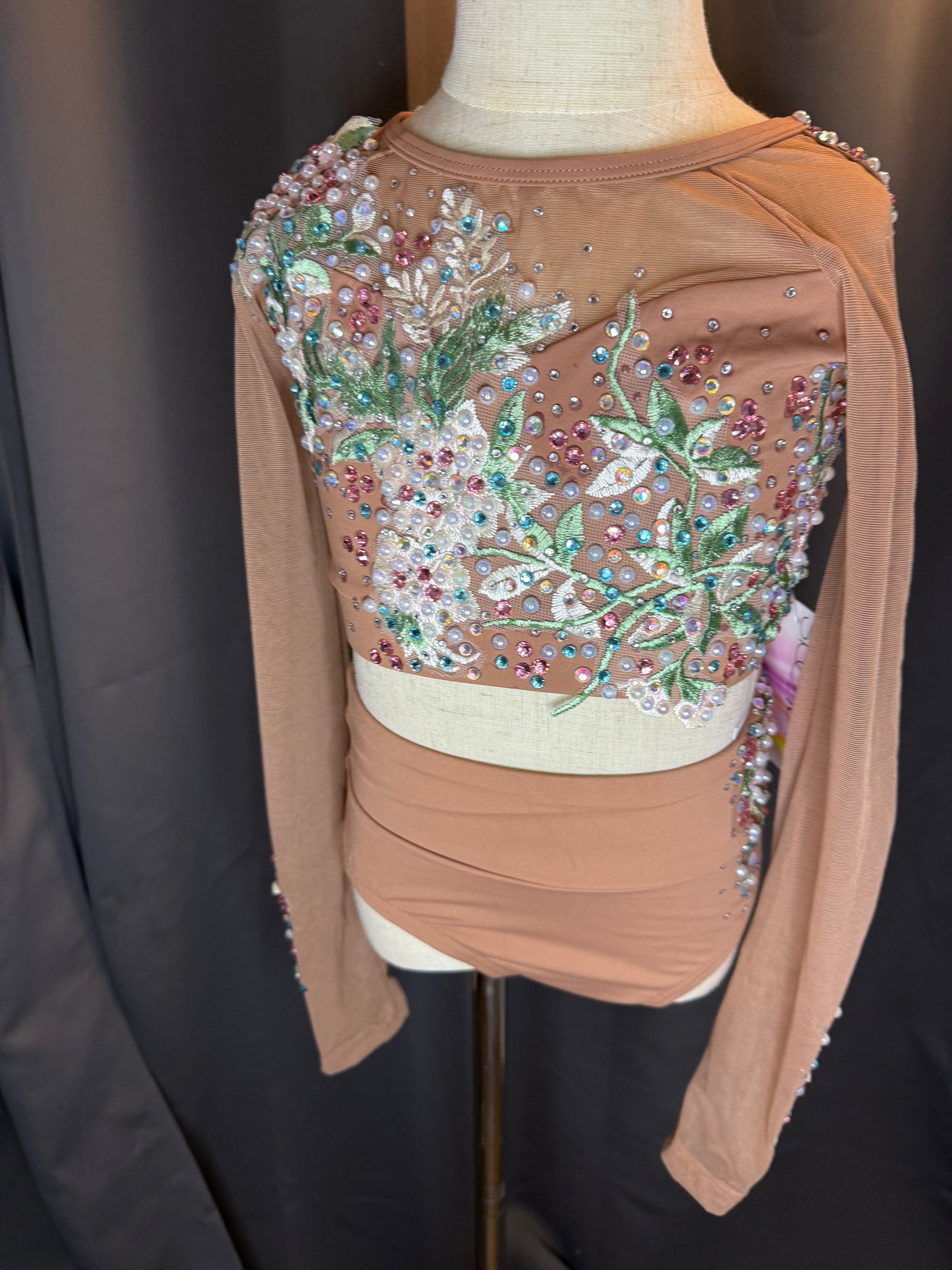 Earthly Elegance – Brown Medium Child Dance Costume with Floral Appliqué Rhinestones & Pearls