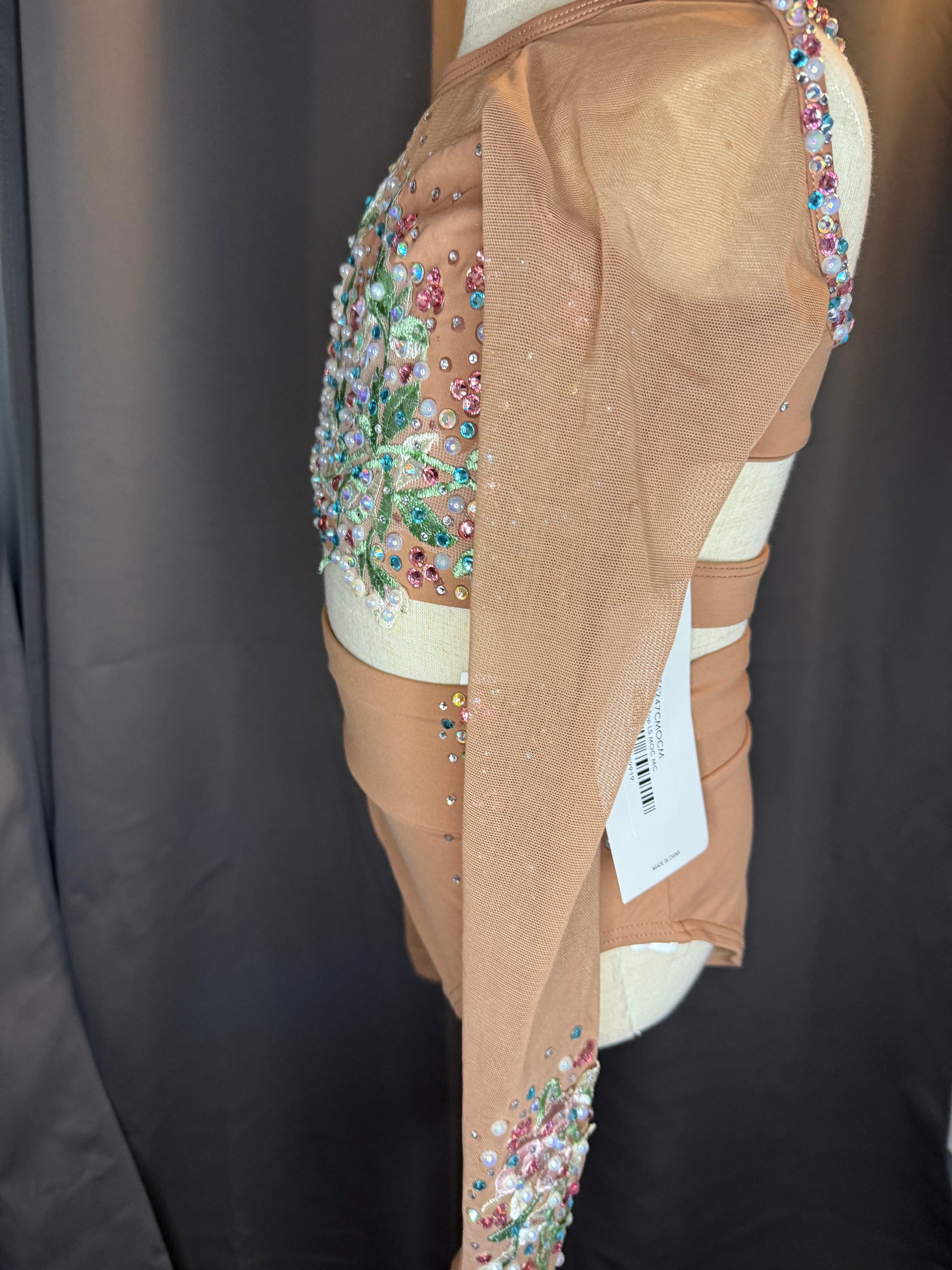 Earthly Elegance – Brown Medium Child Dance Costume with Floral Appliqué Rhinestones & Pearls