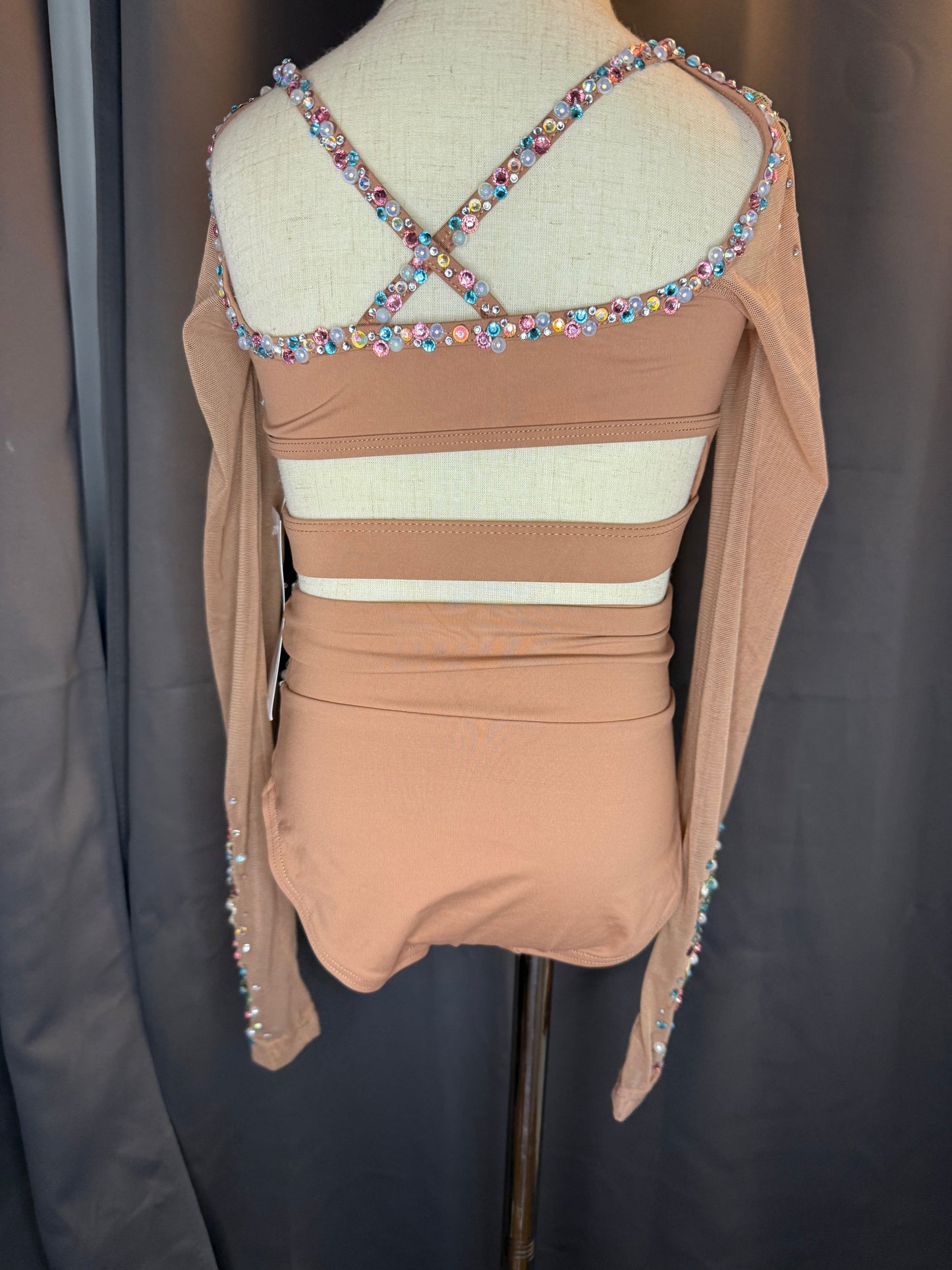 Earthly Elegance – Brown Medium Child Dance Costume with Floral Appliqué Rhinestones & Pearls