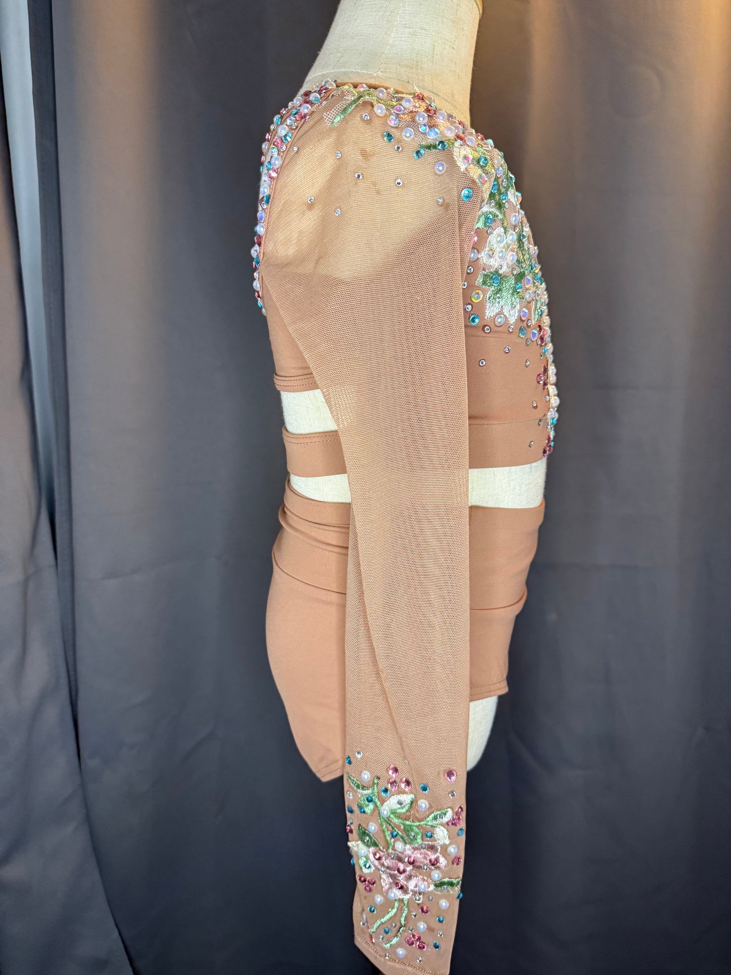 Earthly Elegance – Brown Medium Child Dance Costume with Floral Appliqué Rhinestones & Pearls