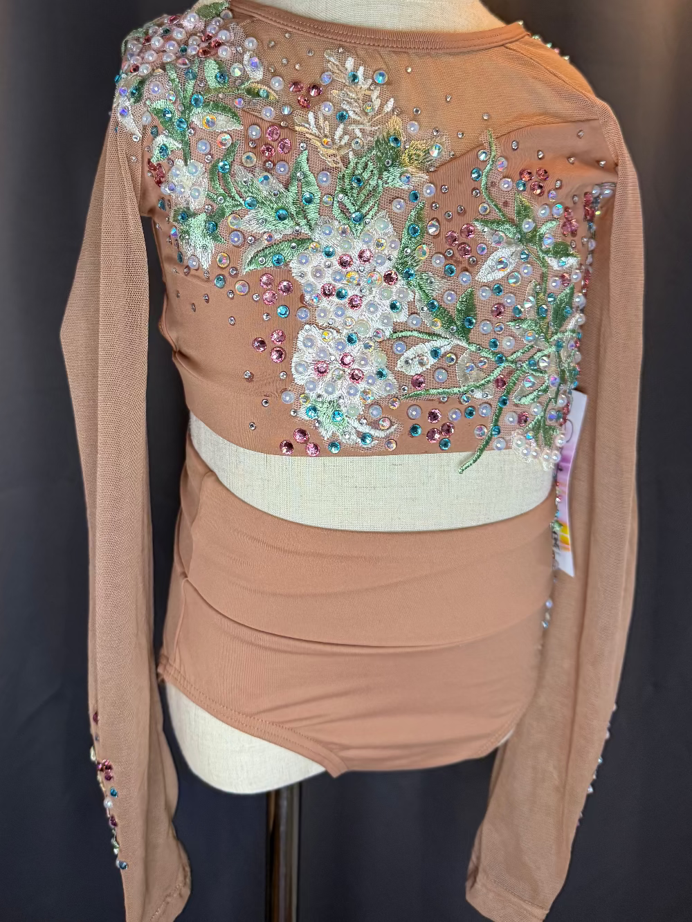 Earthly Elegance – Brown Medium Child Dance Costume with Floral Appliqué Rhinestones & Pearls
