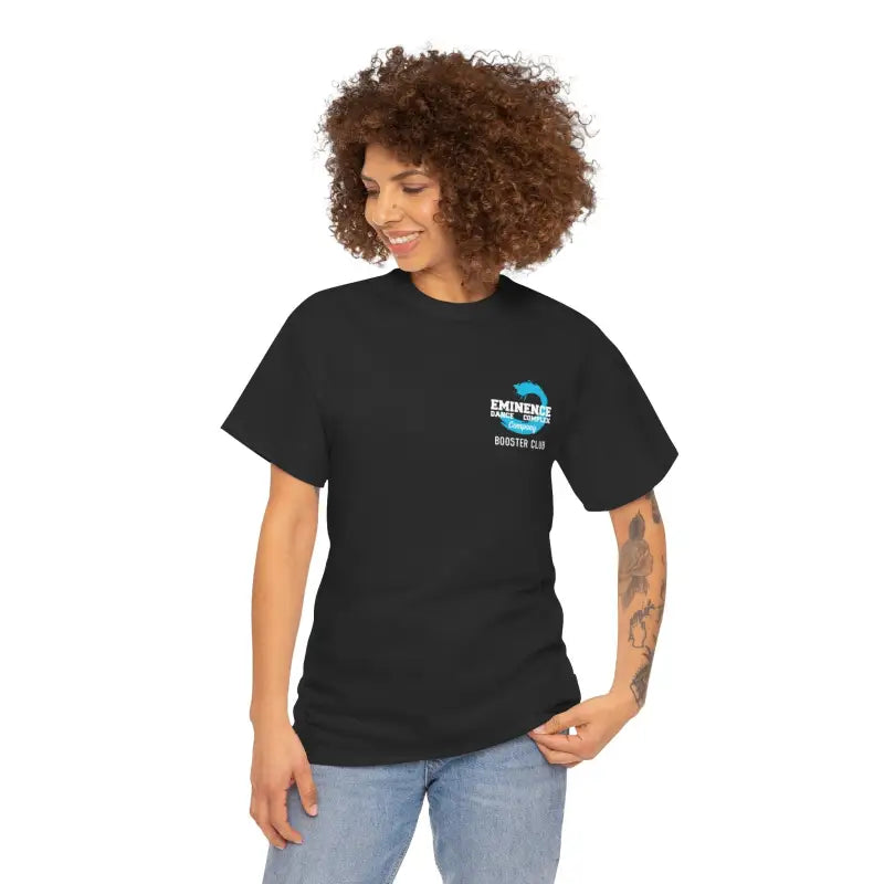 Black t-shirt with a small blue logo on the chest.