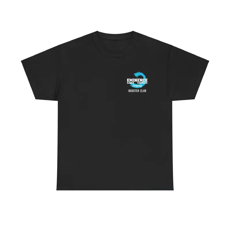 Black t-shirt with a small blue logo on the chest.