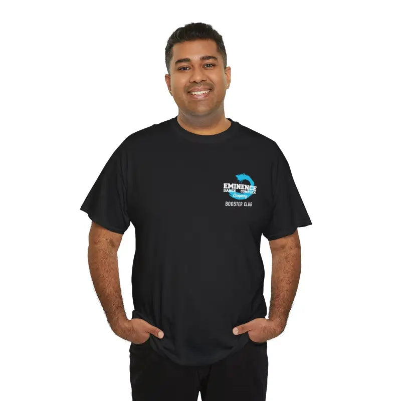 Person wearing a black t-shirt with a small logo on the chest pocket area.