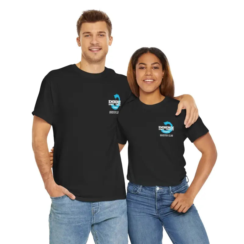 Two people wearing matching black t-shirts with a blue logo and blue jeans.