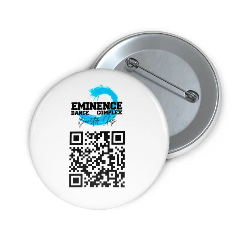 White button pin with a blue logo and QR code design.