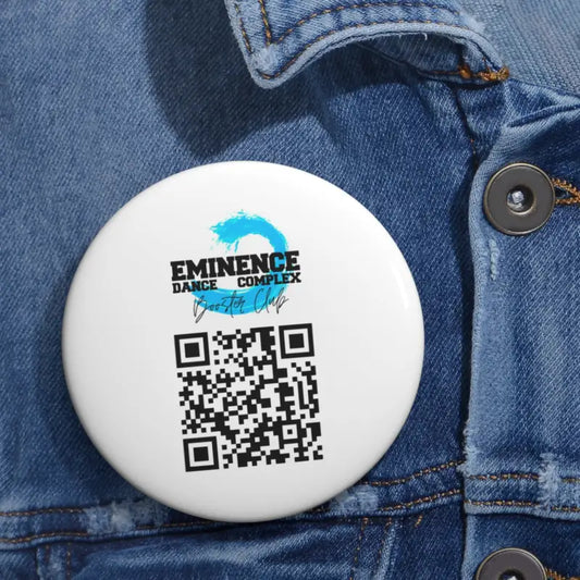 White circular button pin featuring an ’Eminence’ logo and QR code.