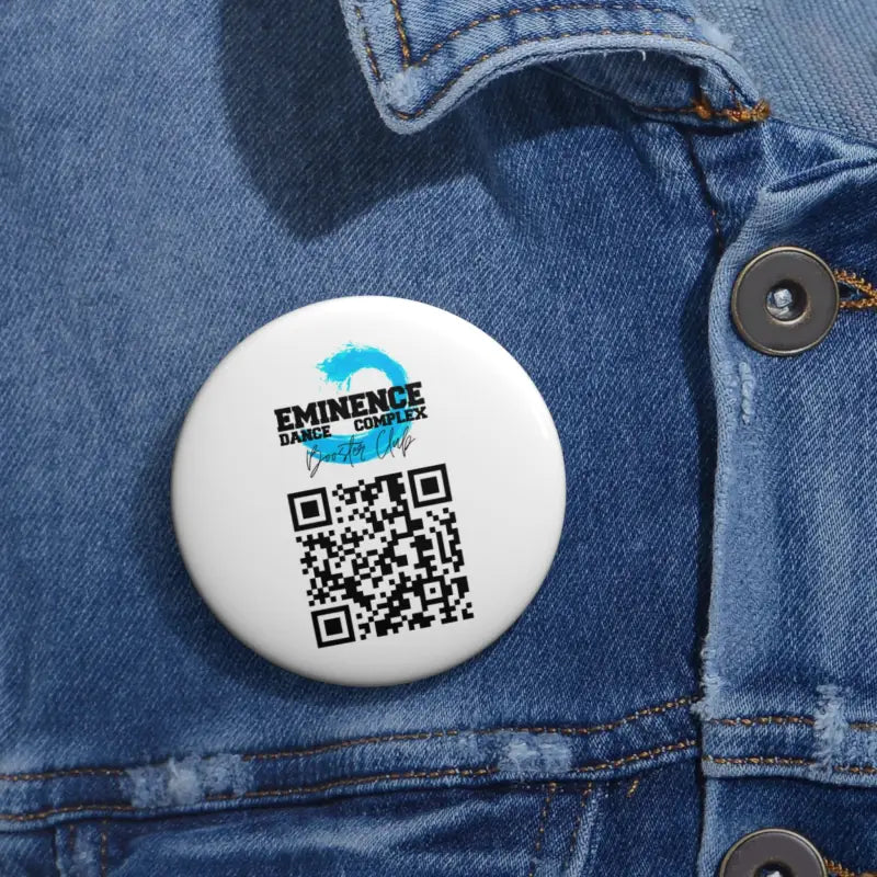 White button pin with an Eminence logo and QR code.