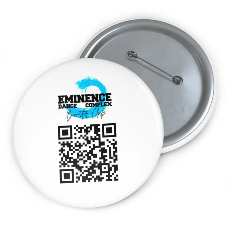 White button pin featuring the Eminence Dance Complex logo and a QR code.
