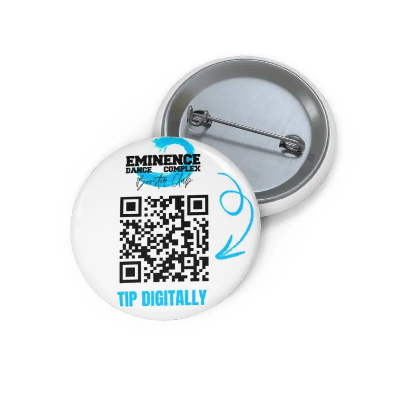 Round white button pin with a QR code and ’Tip Digitally’ text.