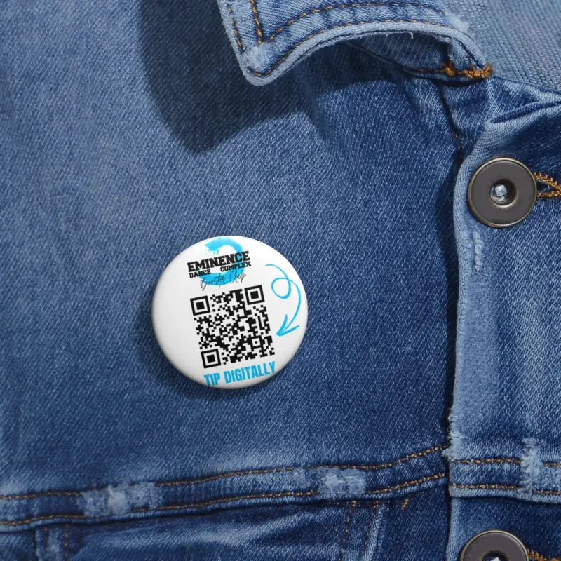 White circular button pin with a QR code and blue accents.