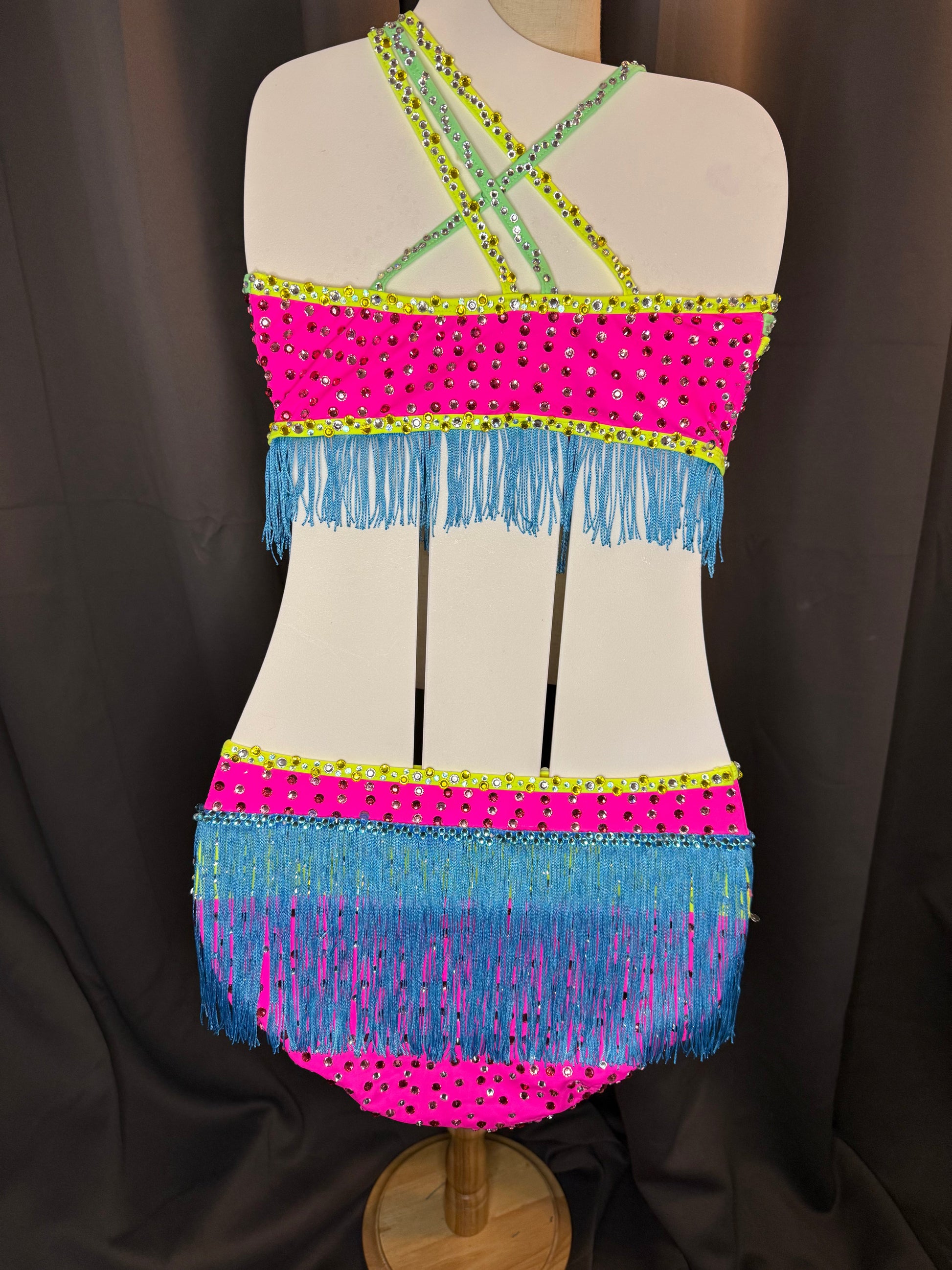 Electric Carnival – Weissman Size 10 Neon Pink Green & Blue Fringe 2-Piece Dance Costume Fully Hand-Stoned