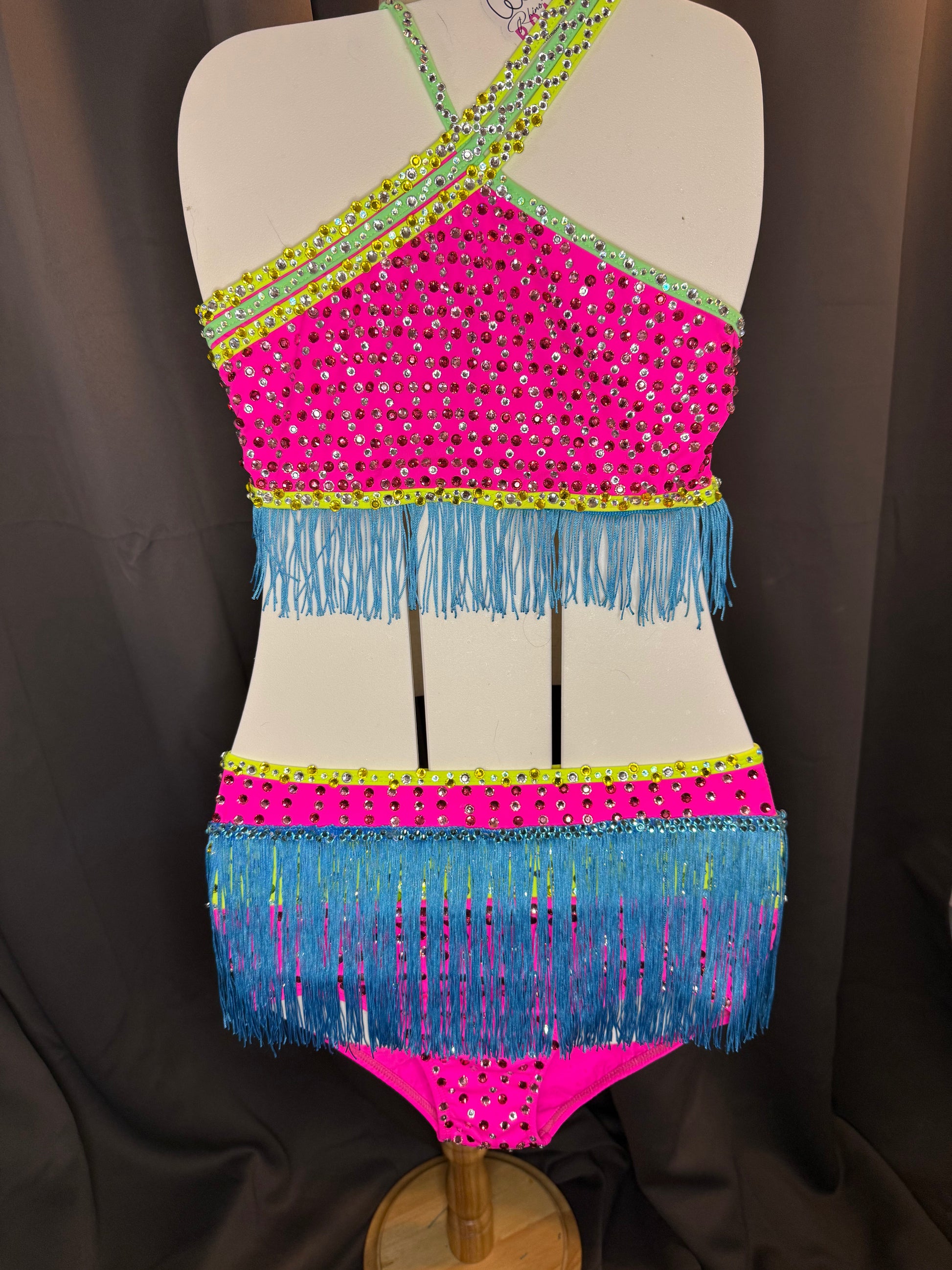 Electric Carnival – Weissman Size 10 Neon Pink Green & Blue Fringe 2-Piece Dance Costume Fully Hand-Stoned