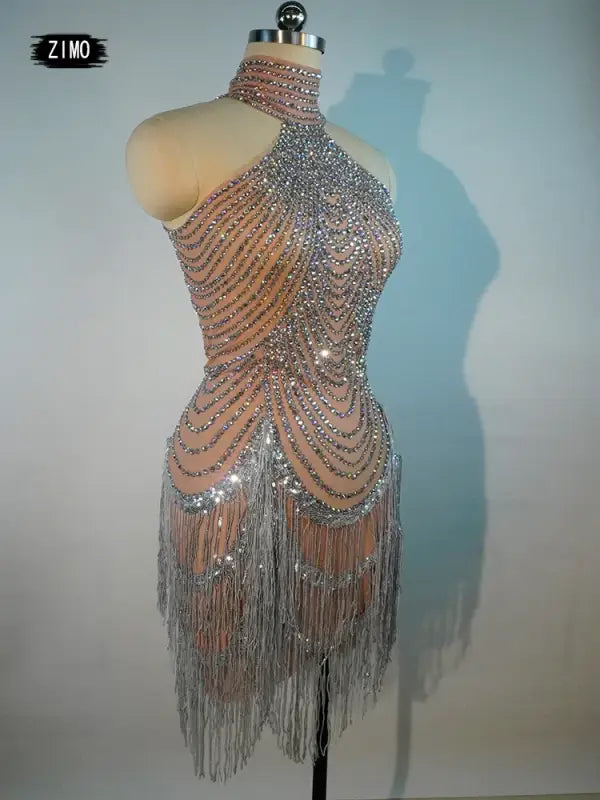 Elegant Rhinestone Fringe Tassel Dress – Sparkly Transparent Nightclub Outfit for Women Dancers & Birthday Celebrations