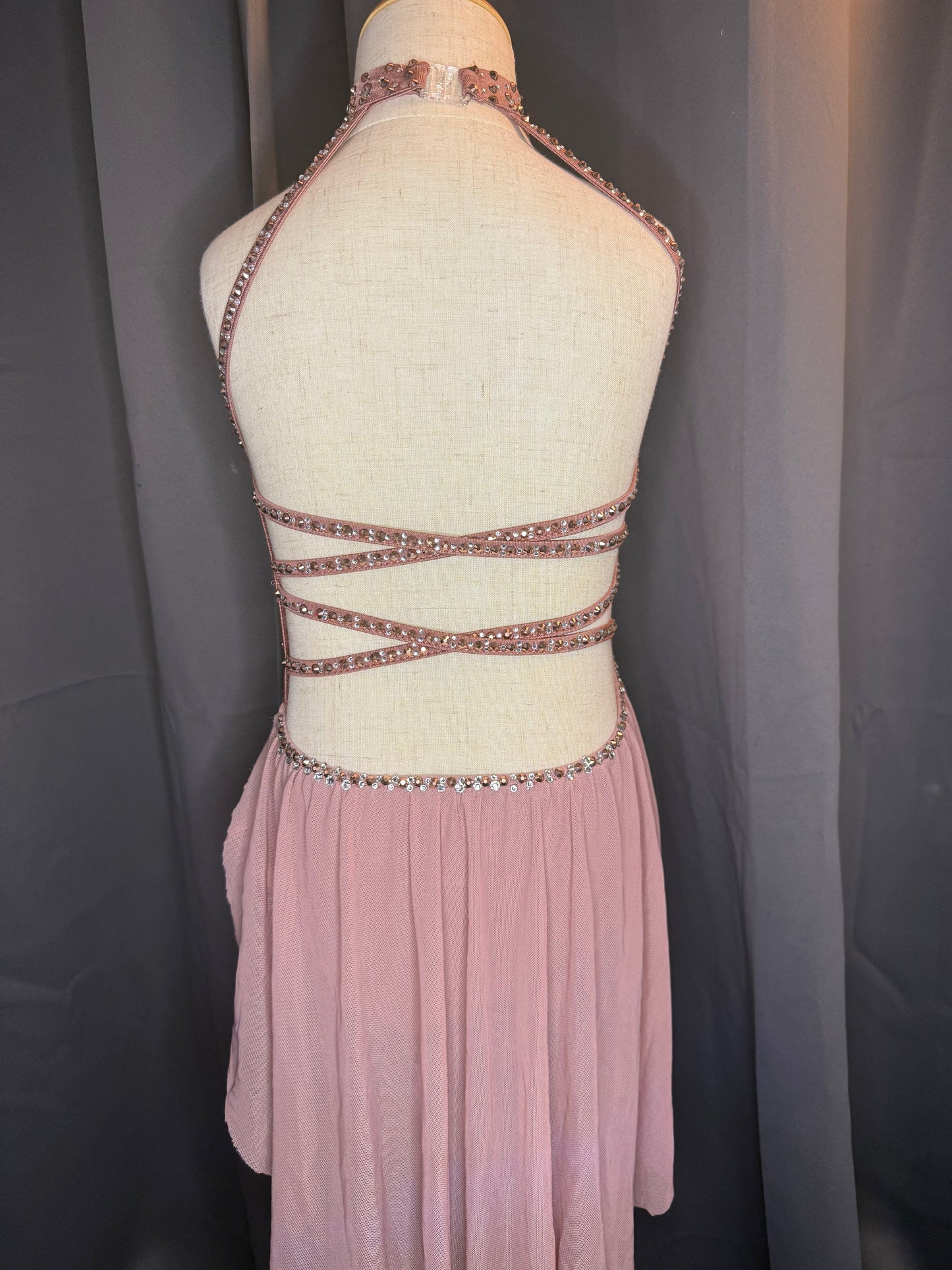 Gilded Grace – Rose Gold Lyrical Dance Costume with Rhinestone Embellishments (US 6)