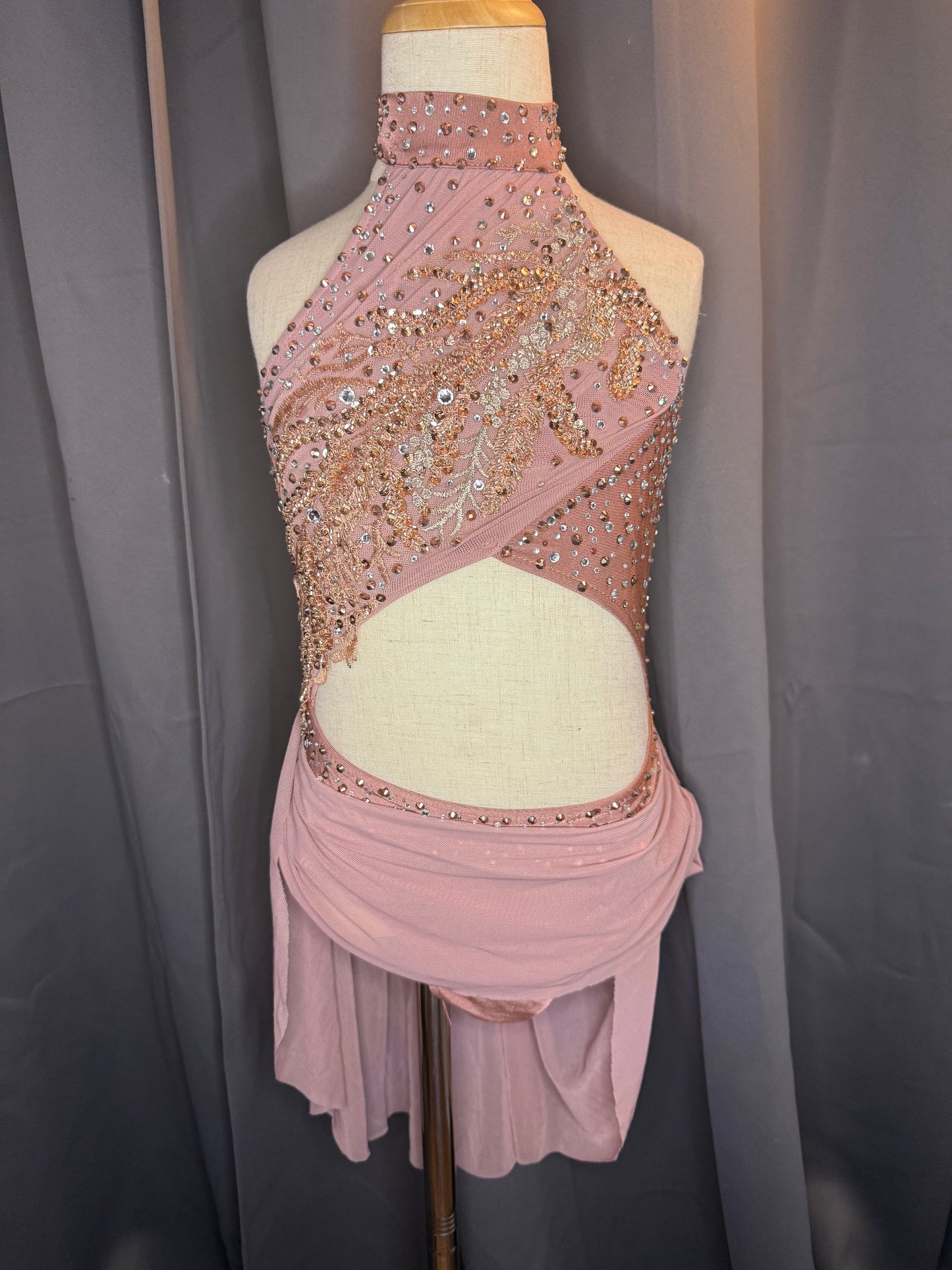 Gilded Grace – Rose Gold Lyrical Dance Costume with Rhinestone Embellishments (US 6)