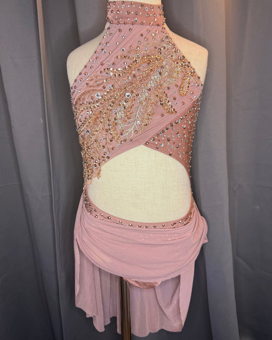 Gilded Grace – Rose Gold Lyrical Dance Costume with Rhinestone Embellishments (US 6)