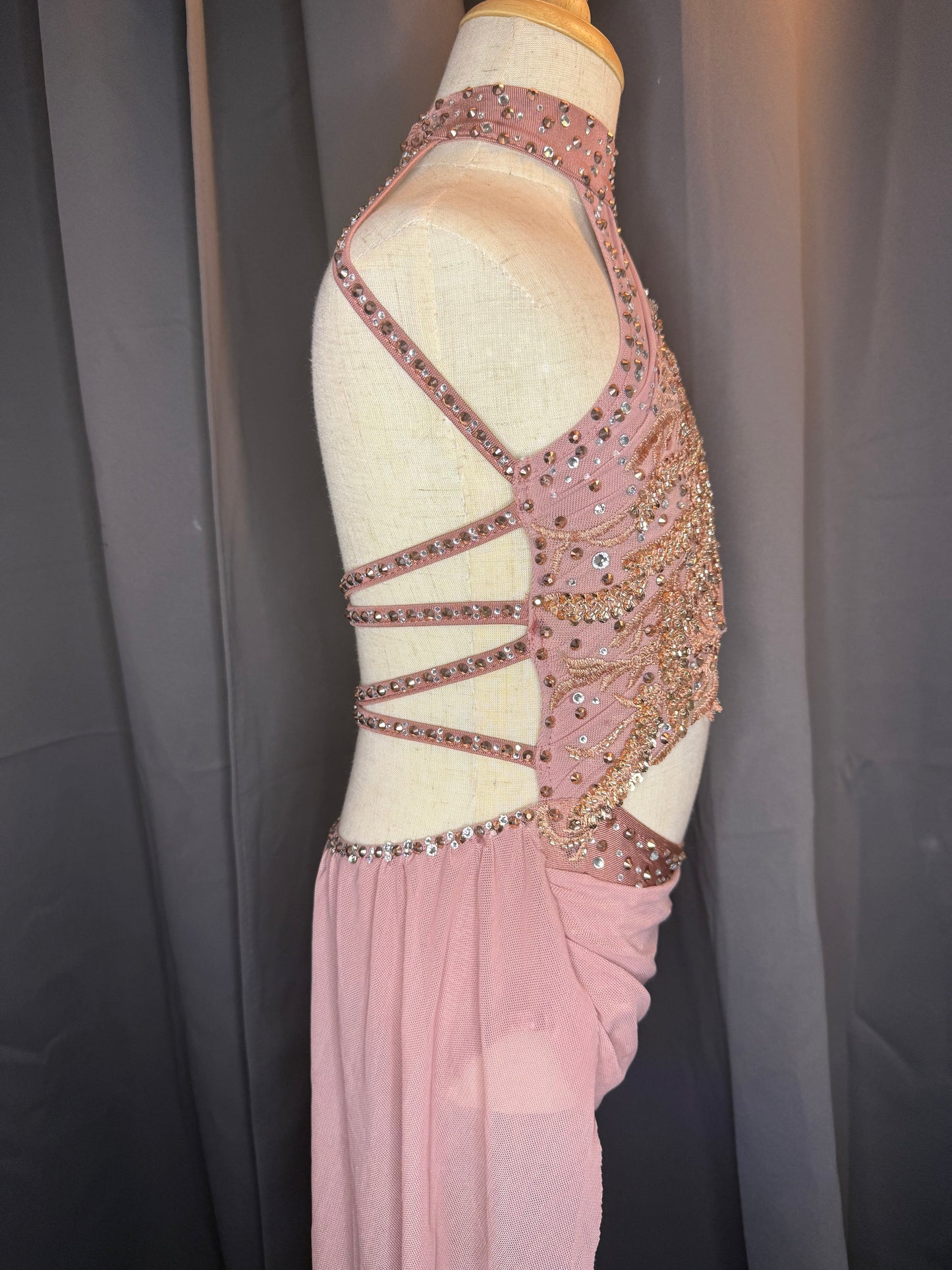 Gilded Grace – Rose Gold Lyrical Dance Costume with Rhinestone Embellishments (US 6)