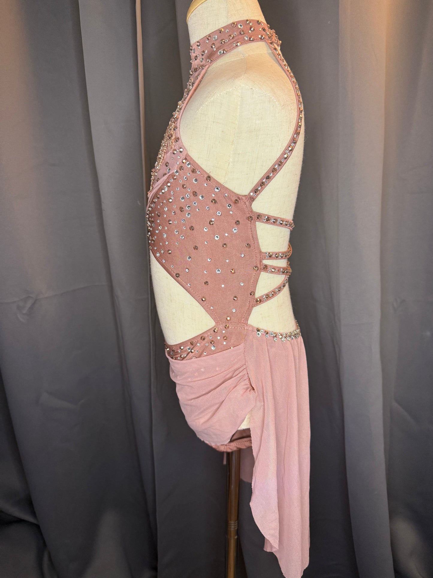 Gilded Grace – Rose Gold Lyrical Dance Costume with Rhinestone Embellishments (US 6)