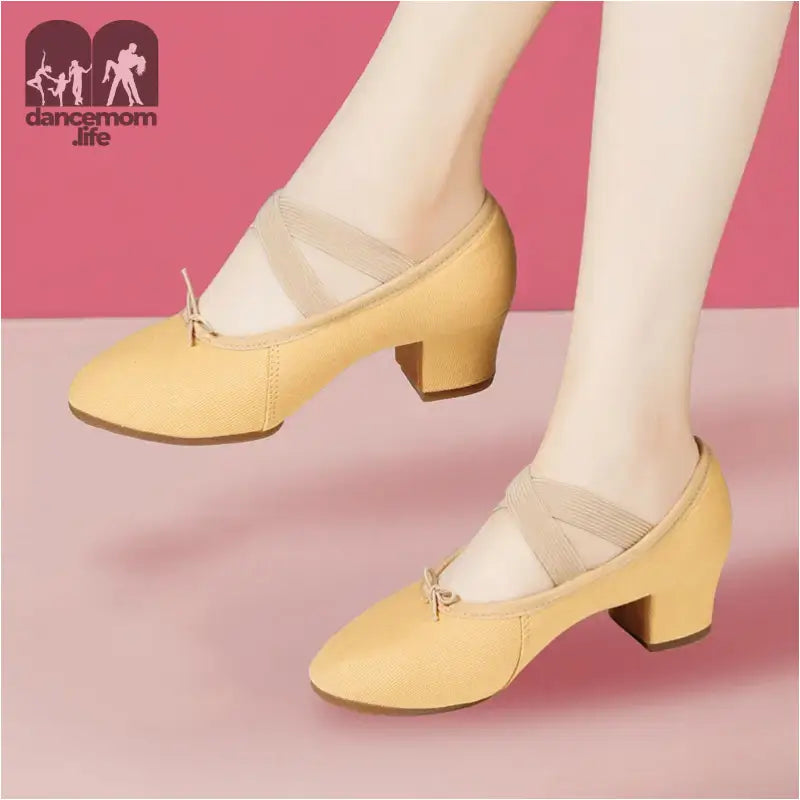 Tan dance shoes with elastic straps.