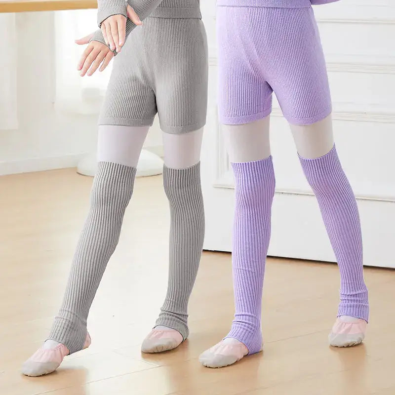Ribbed knit leg warmers and shorts in gray and purple colors with ballet shoes.