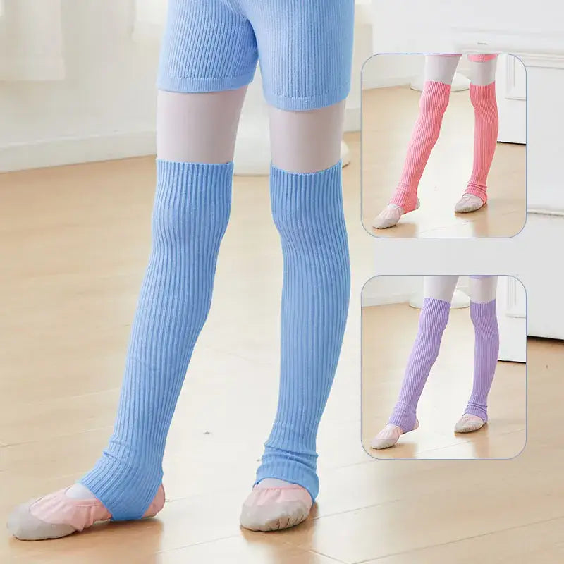 Ribbed leg warmers in blue, pink, and purple colors worn over ballet shoes.