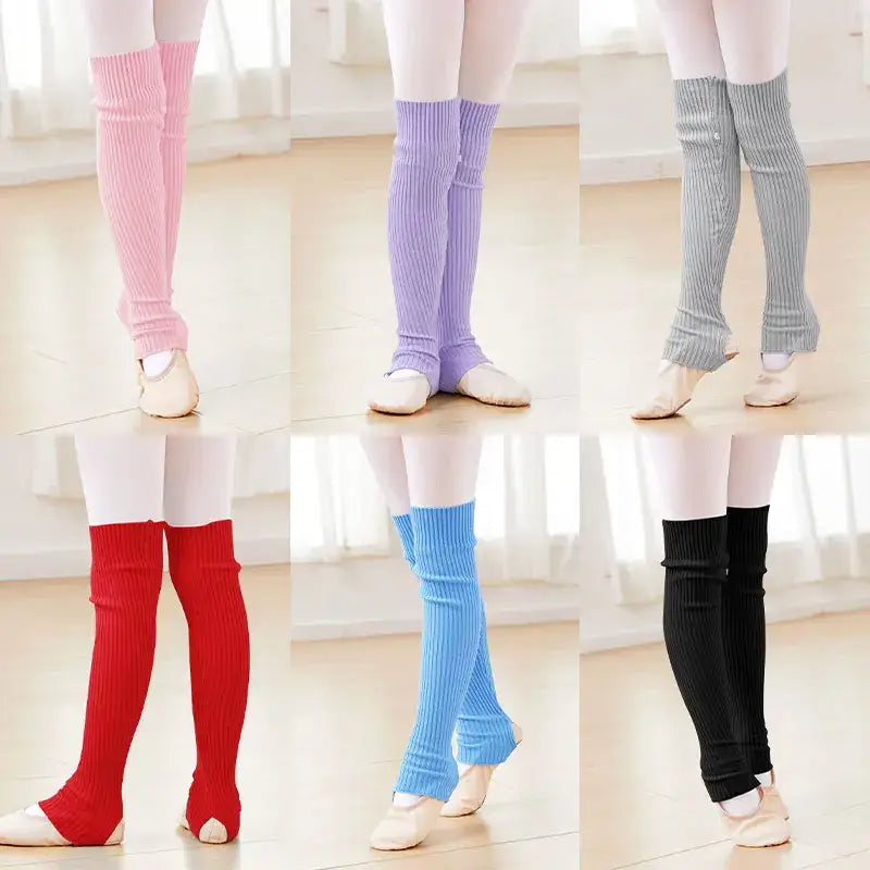 Knitted leg warmers in various colors including pink, purple, gray, red, blue, and black.