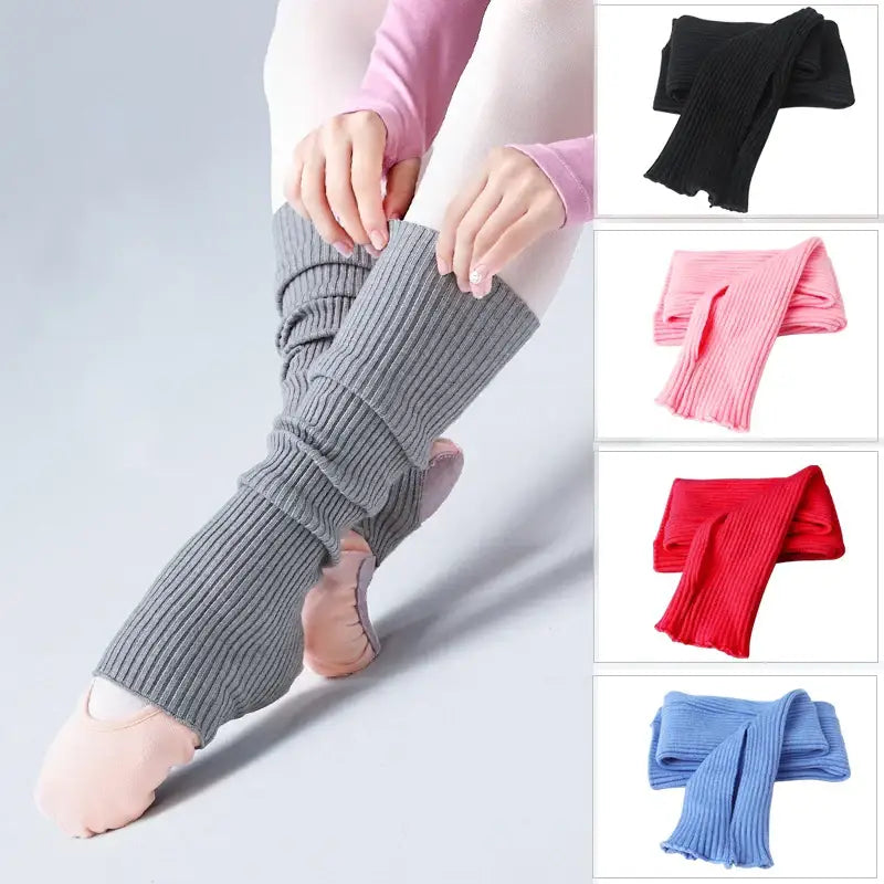 Knitted leg warmers shown in gray, black, pink, red, and blue color options.