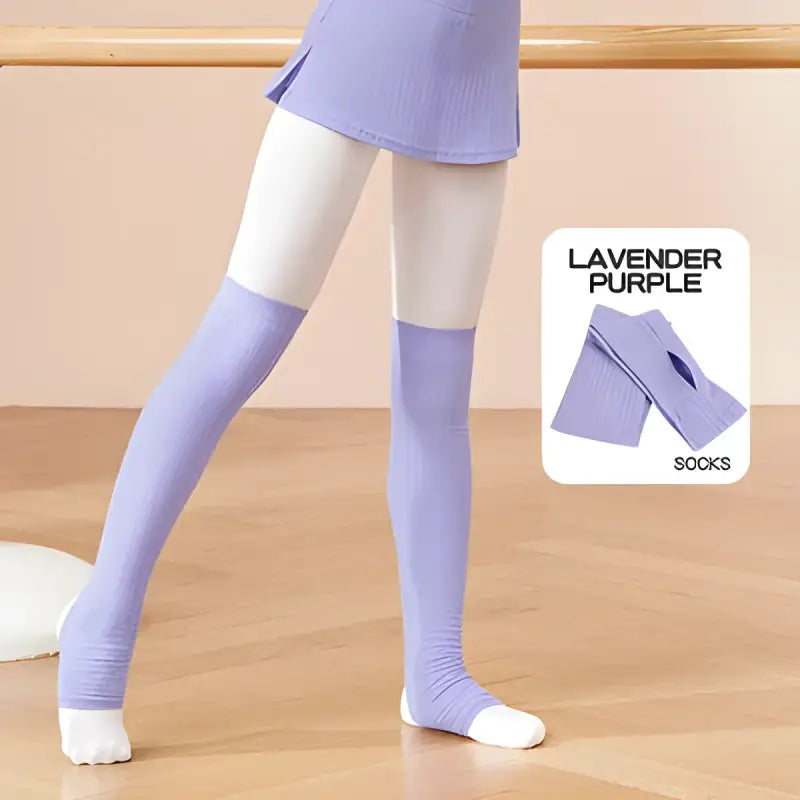 Lavender purple thigh-high socks with white toe and thigh sections.