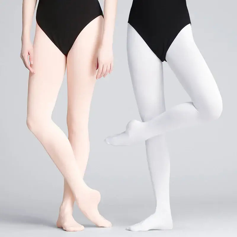 Ballet tights in pink and white colors worn with black leotards.