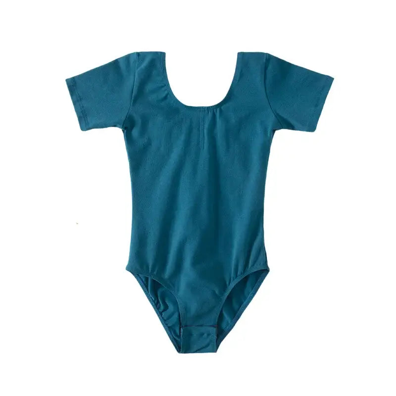 Teal short-sleeved leotard with a scoop neckline.