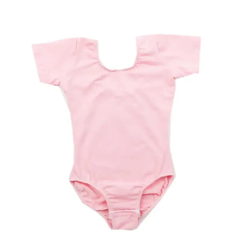 Pink short-sleeved ballet leotard.