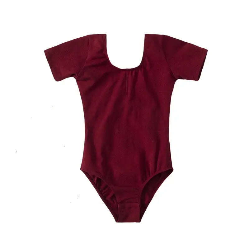 Burgundy short-sleeved leotard with a scoop neckline.