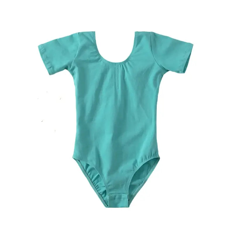 Turquoise short-sleeved leotard with a scoop neckline.