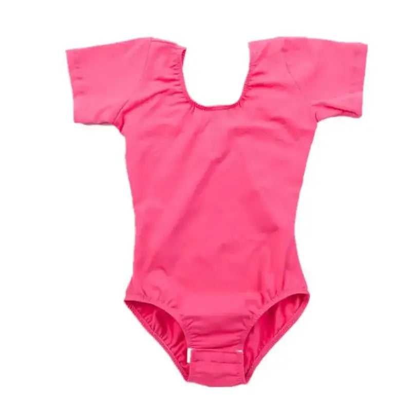 Pink short-sleeved leotard with a scoop neckline.