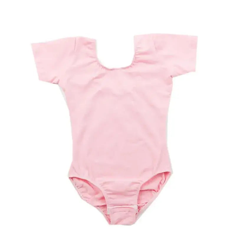Pink ballet leotard with short sleeves.