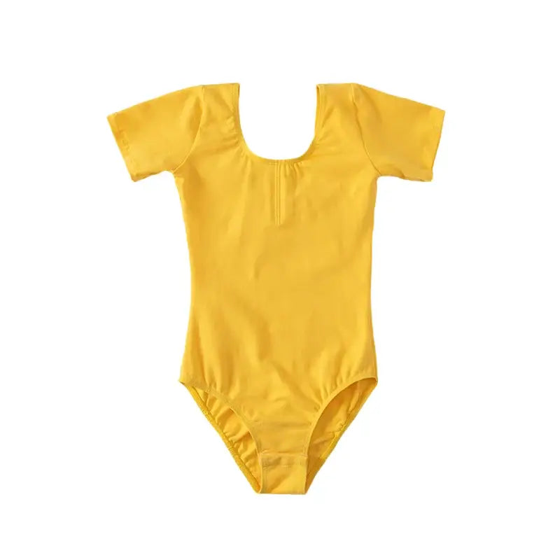Yellow short-sleeved leotard with a scoop neckline.