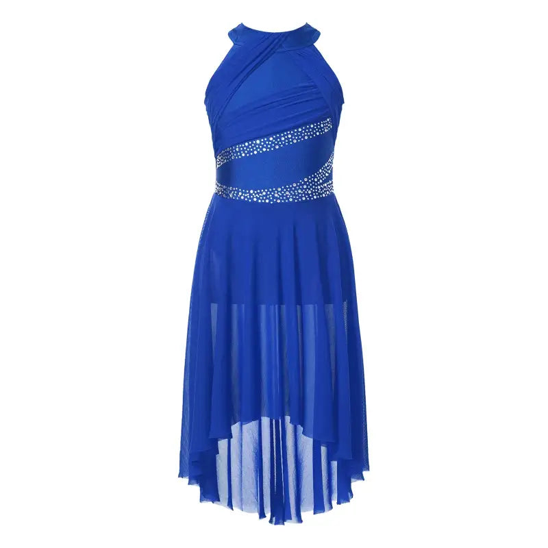 Blue halter dress with rhinestone accents.
