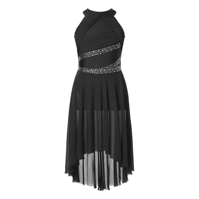 Black halter dress with beaded waist.