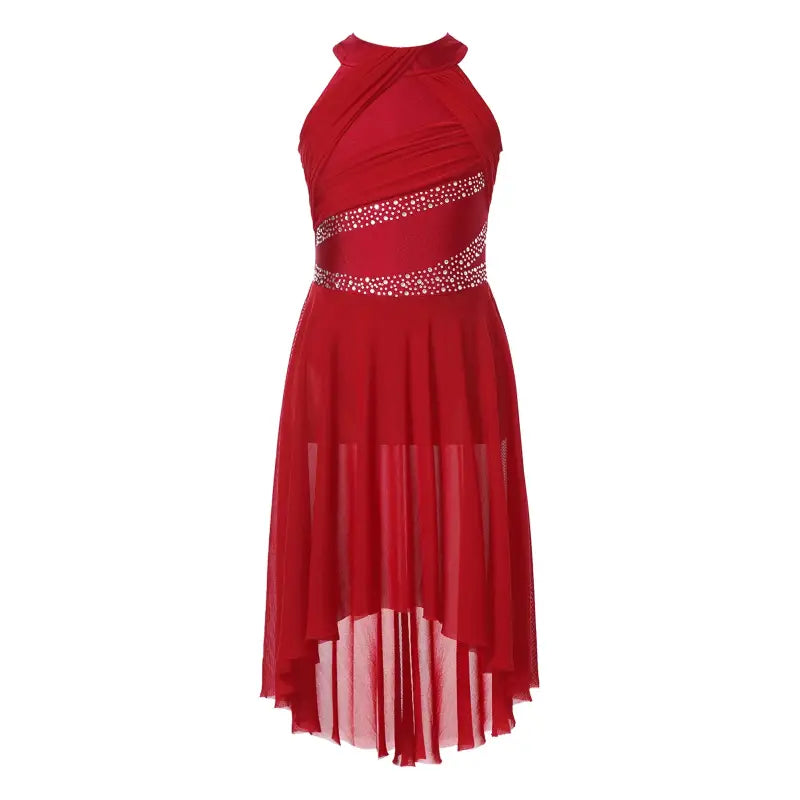 Red halter dress with rhinestone accents.