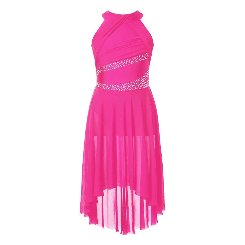 Fuchsia halter dress with beaded accents.