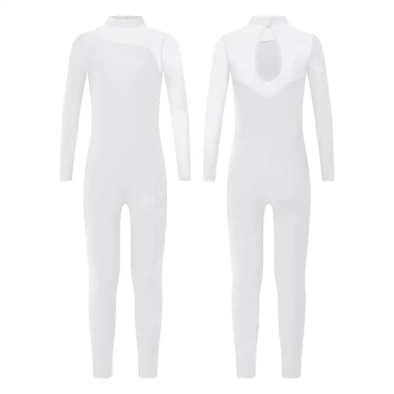 White full-body wetsuit with long sleeves and a keyhole back design.