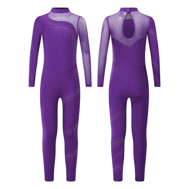 Purple long-sleeved dance/gymnastics leotard with mesh panels and sparkly embellishments.
