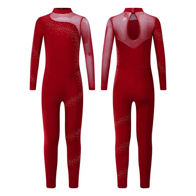 Red long-sleeved dance leotard with mesh panels and sparkly embellishments.