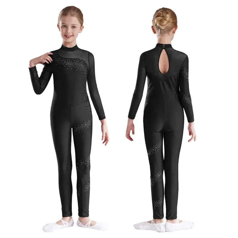 Black long-sleeved dance unitard with sparkly accents and keyhole back detail.