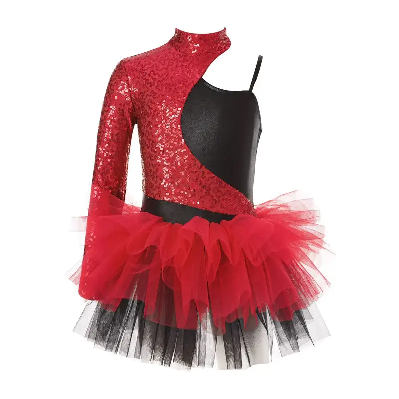 Red and black dance costume with sequined top and layered tulle skirt.