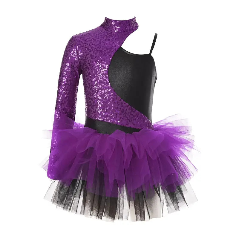 Purple and black dance costume with sequins, asymmetrical neckline, and layered tulle skirt.